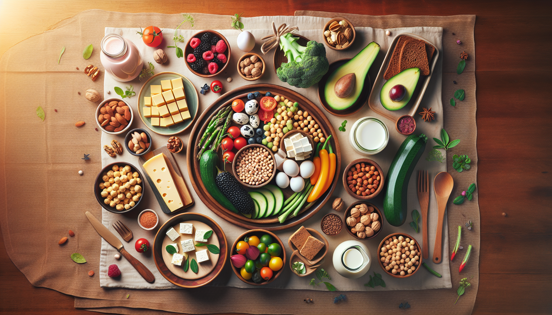 Overhead flat-lay of colourful plant-based foods showing both vegan and vegetarian options on a warm wooden table